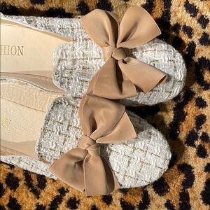 Women's Tweed Bow Loafers - Cream and Tan